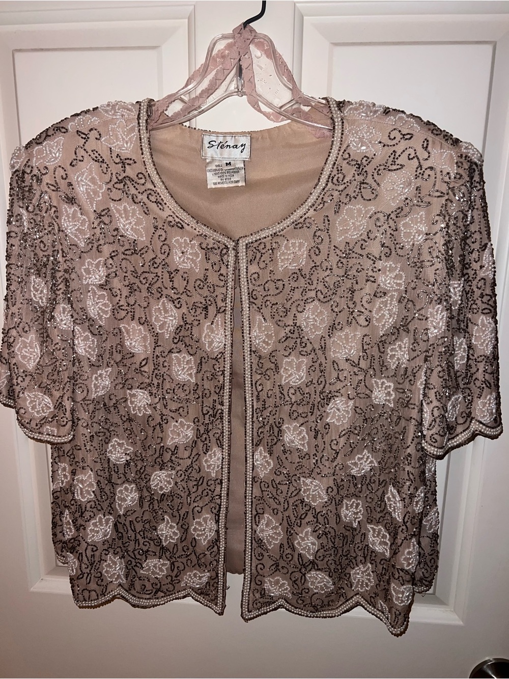 Stenay Taupe Beaded Floral Open-Front Jacket